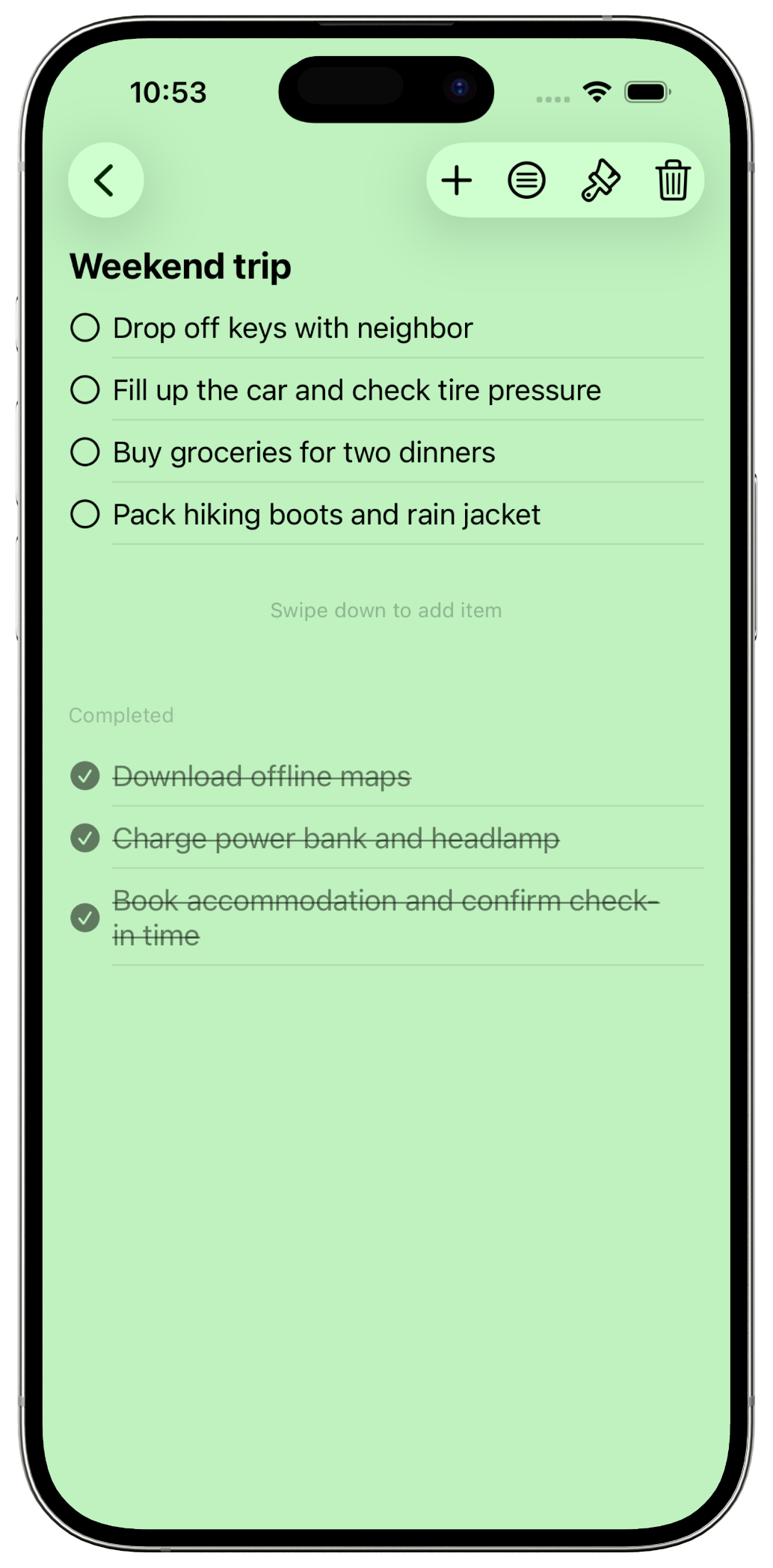 A checklist in detail, with completed items below