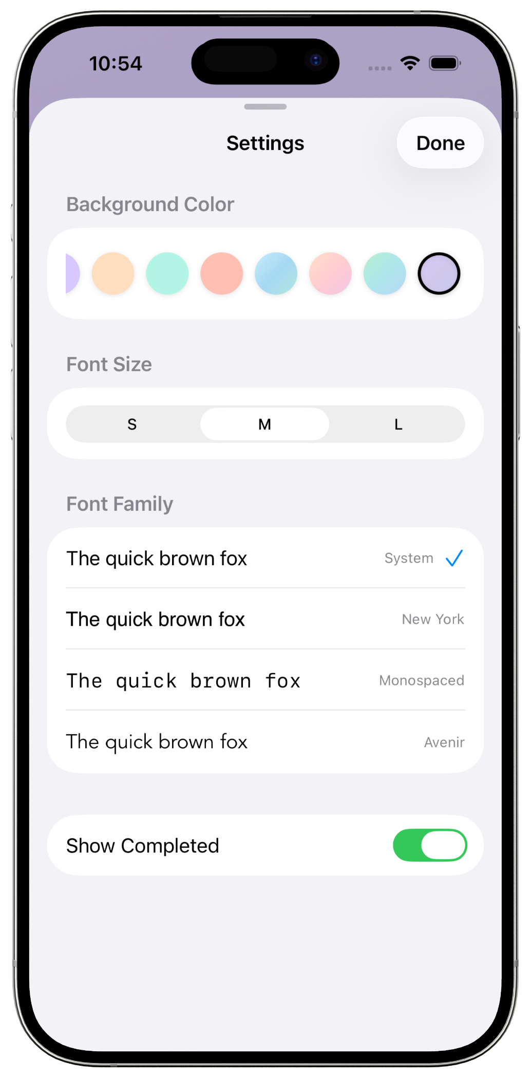 Per-checklist settings: color, font size, font family